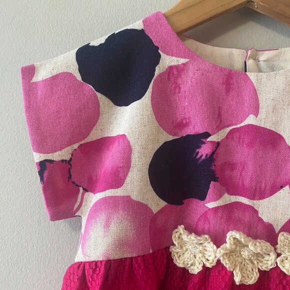 Handmade Children's Linen Cotton Pique Pink Polka Dot Crochet Flowers Dress - Picture 7 of 13